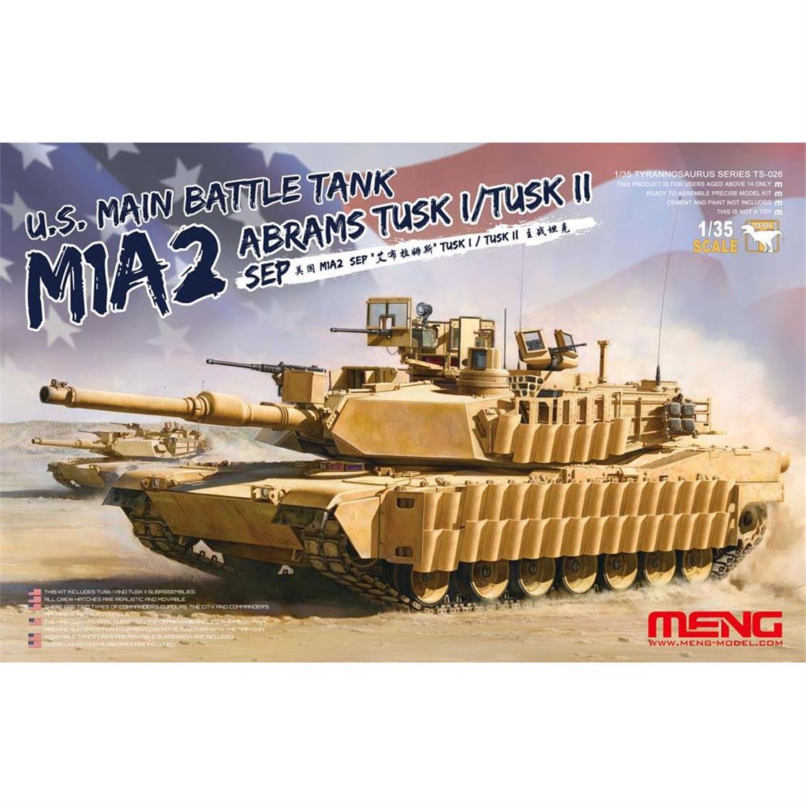 Meng TS-026 1/35 Ölçek M1A2 SEP Abrams TUSK I/TUSK II ABD Ana Muharebe Tankı, Plastik Model Kiti