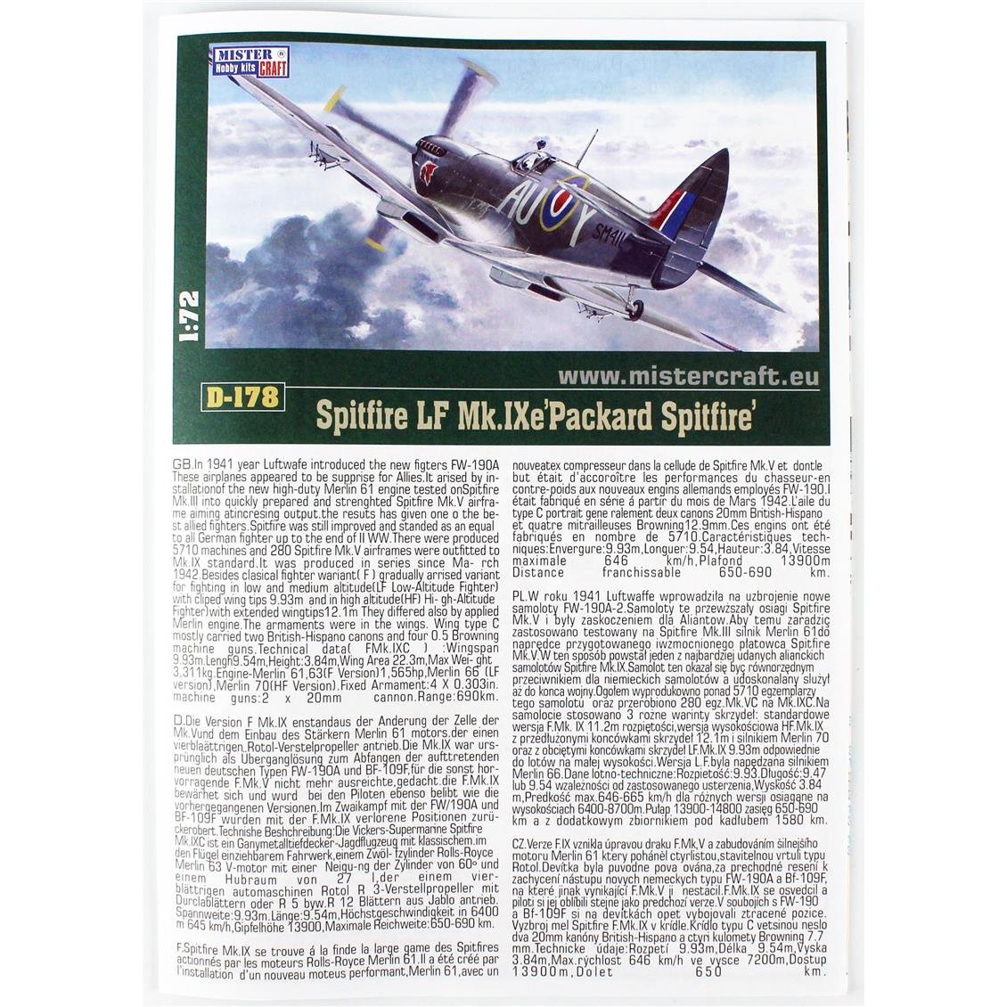 Mistercraft D182ST 1/72 Spitfire LF Mk. XVIe Packard Savaş Uçağı Plastik Model Kiti, (12xBoya,2xFırça,Yapıştırıcılı Başlangıç S