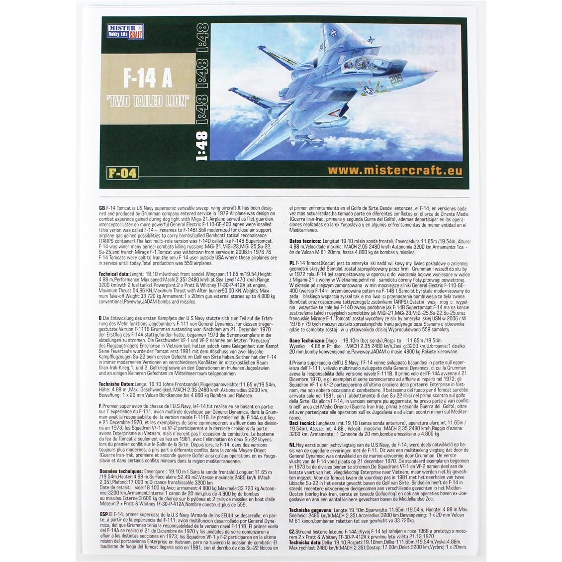 Mistercraft G004 1/48 F-14A Tomcat (İki Kuyruklu Arslan) Savaş Uçağı Plastik Model Kiti