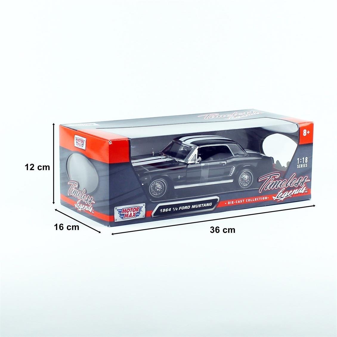 Motormax 73164 1/18 Ölçek 1964 1/2 Ford Mustang hardtop, Siyah, Sergilemeye Hazır Metal Araba Modeli