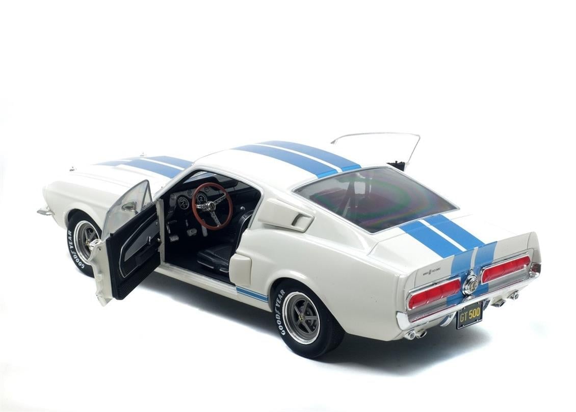 Solido S1802901 1/18 1967 Shelby Mustang GT500-Beyaz üzeri Mavi Çizgili-Sergilemeye Hazır Metal Araba Modeli