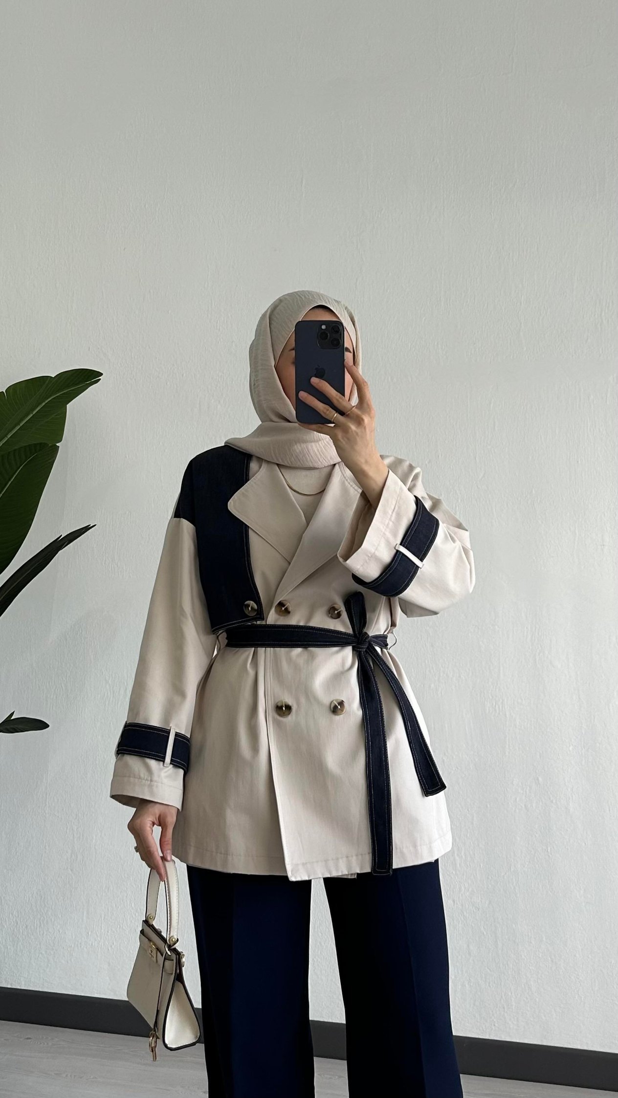 Denim Detaylı Trenç Taş