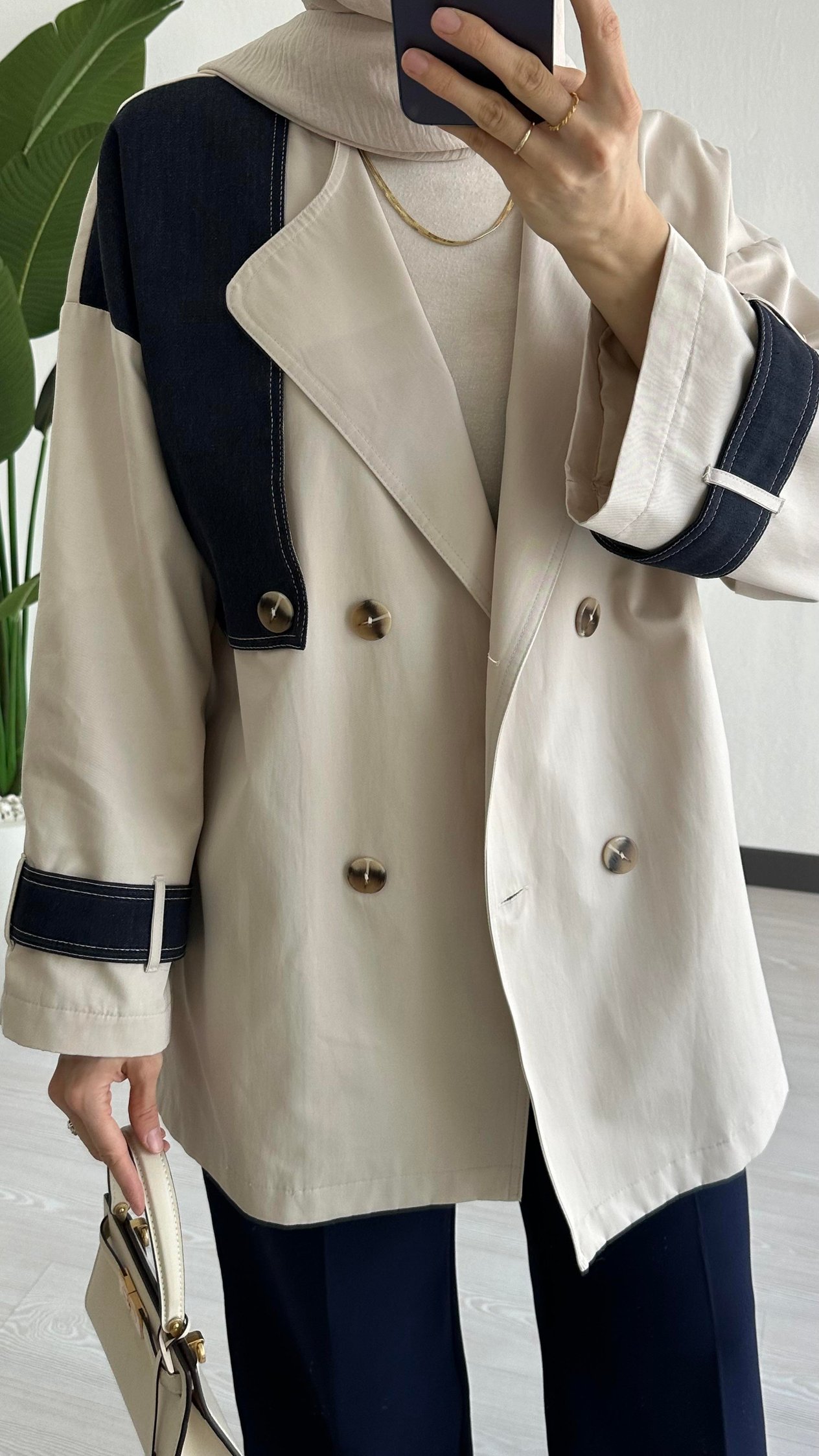Denim Detaylı Trenç Taş