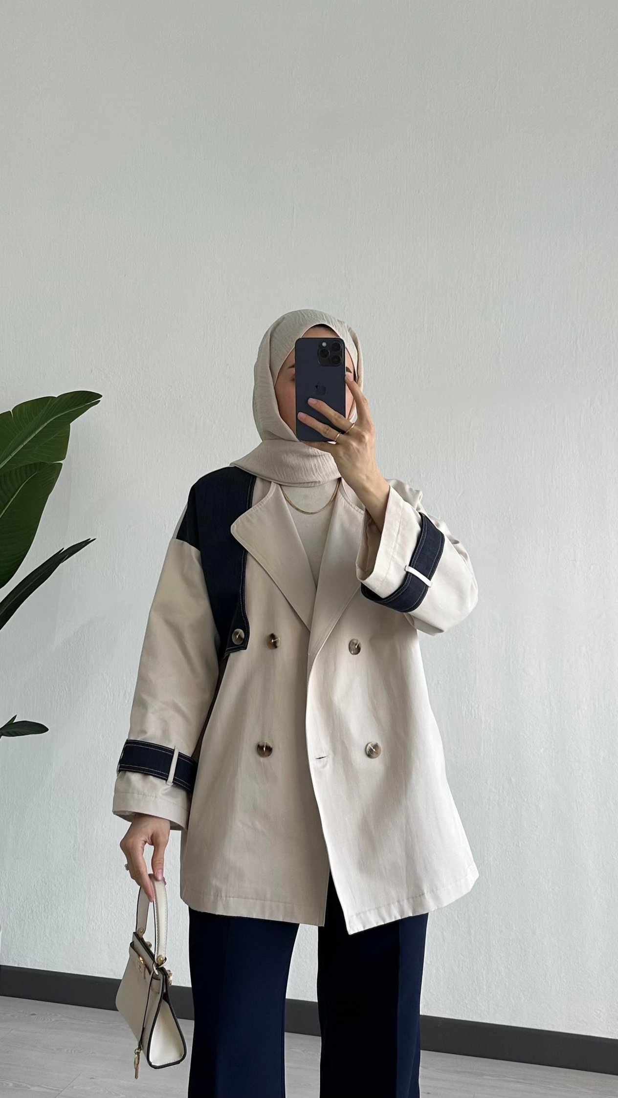 Denim Detaylı Trenç Taş