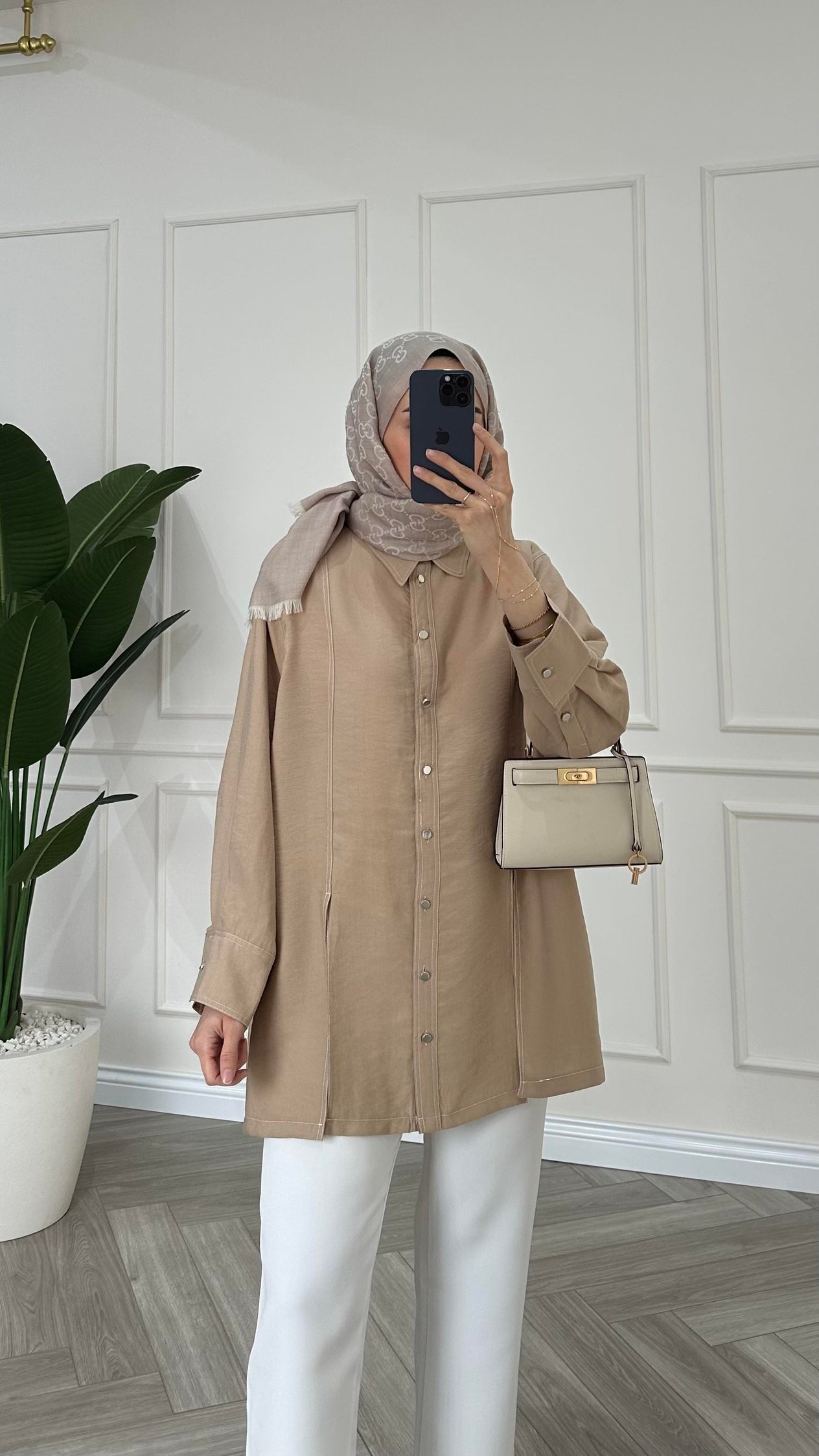 Gardenya Çift Dikiş Detaylı Gömlek Taş