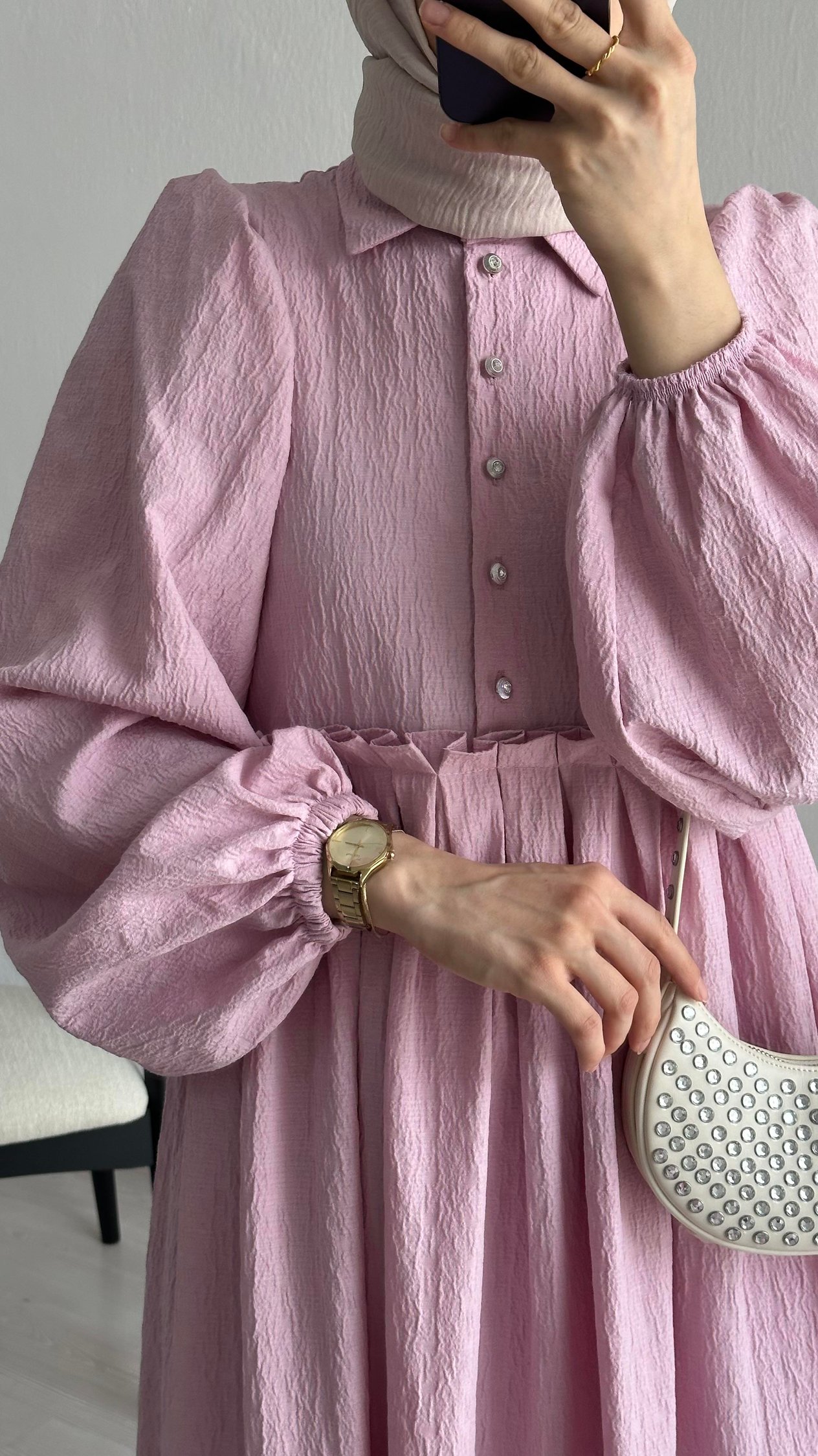 Gofre Elbise Pembe
