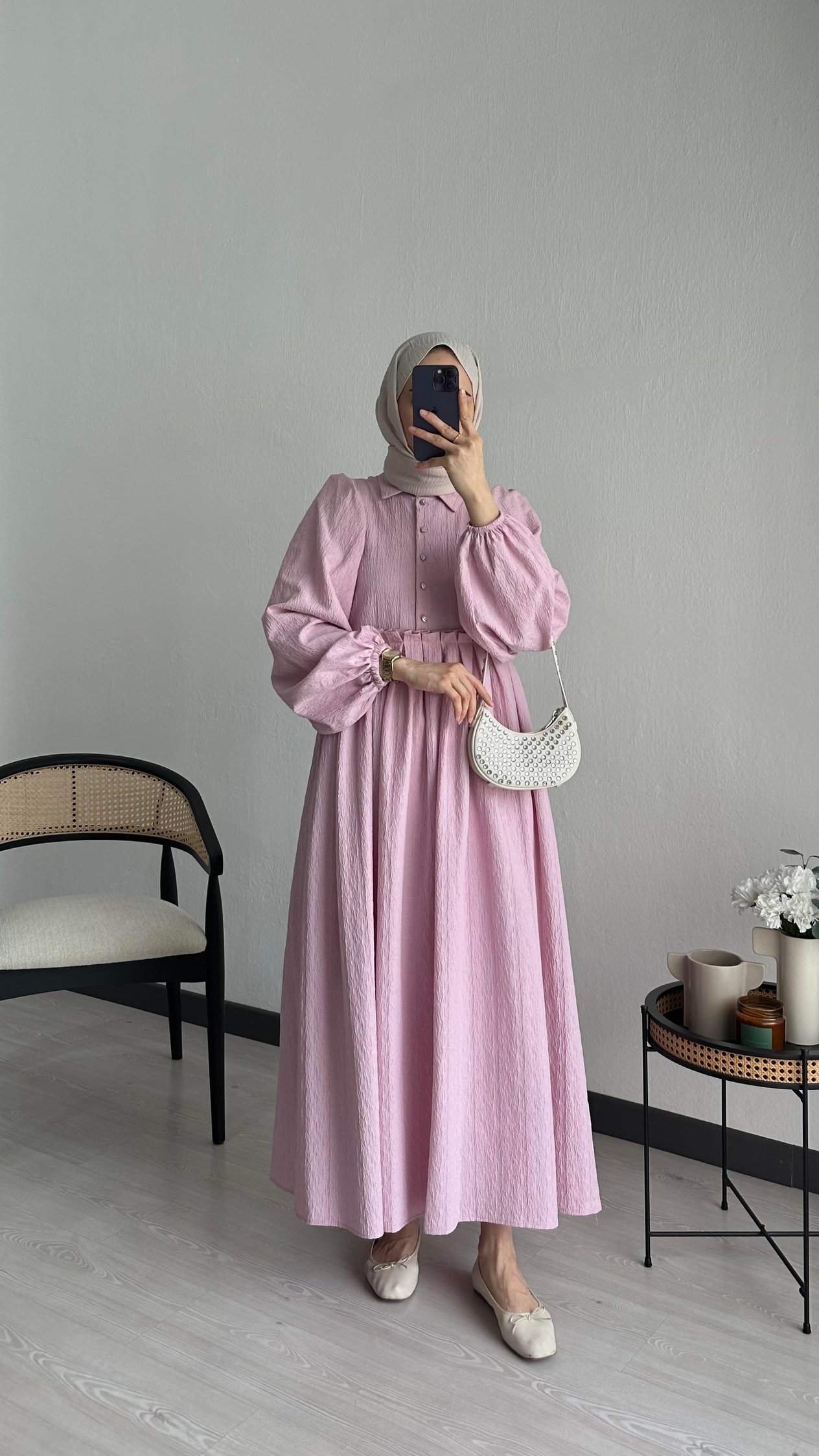 Gofre Elbise Pembe