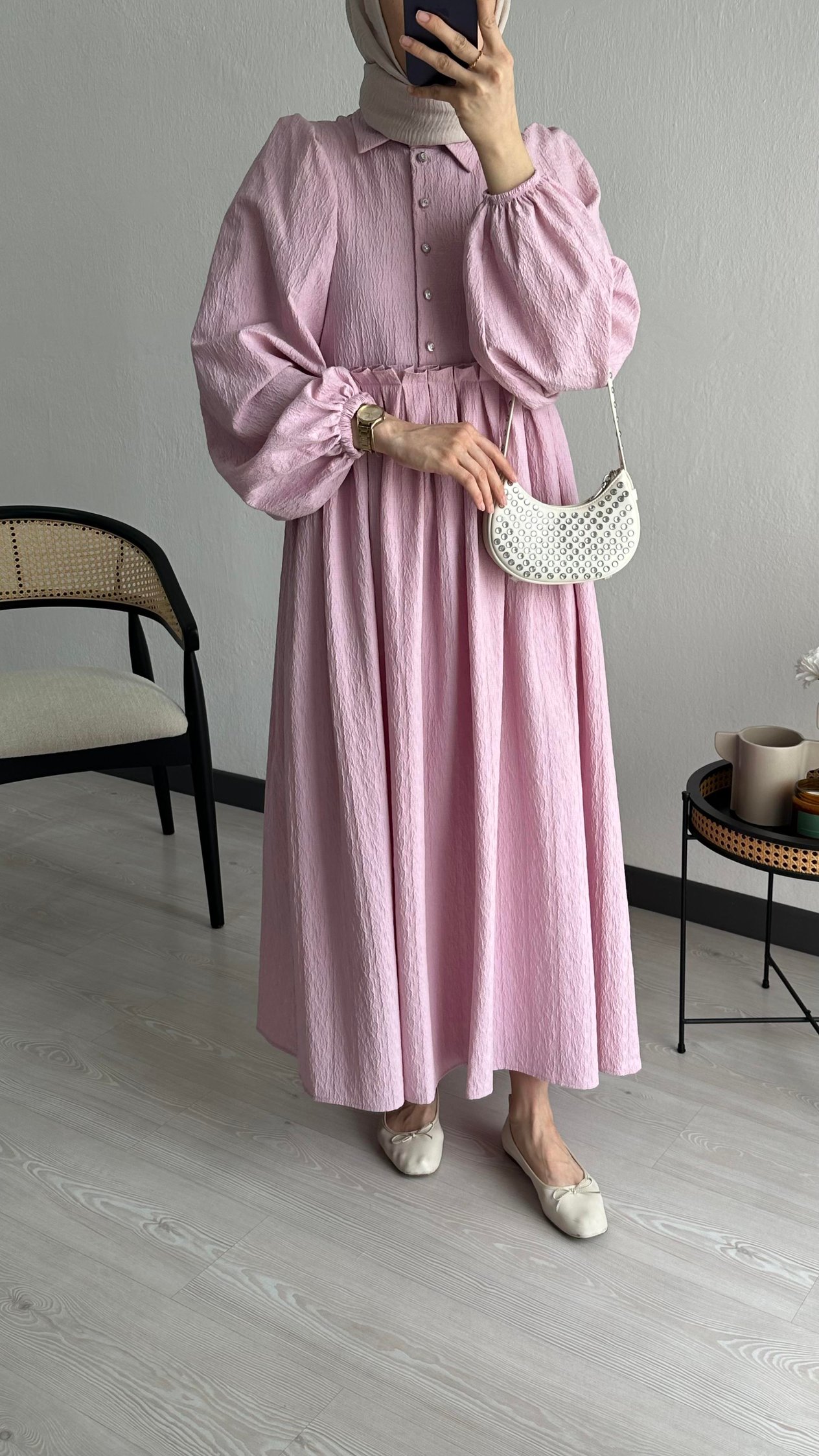 Gofre Elbise Pembe