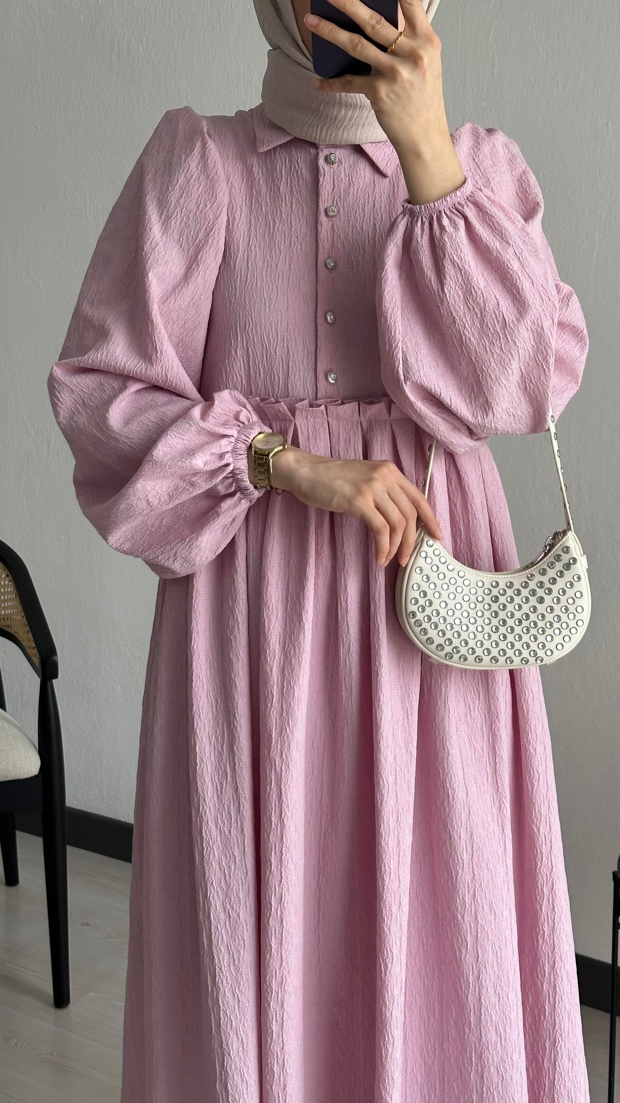Gofre Elbise Pembe