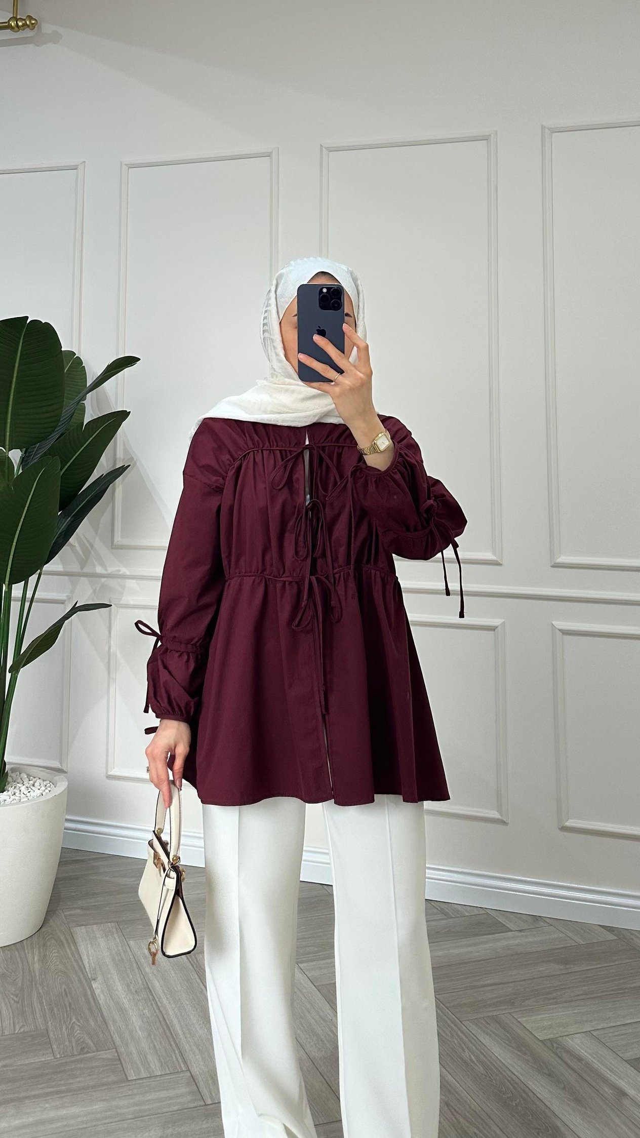 Helen Bağcıklı Gömlek Bordo