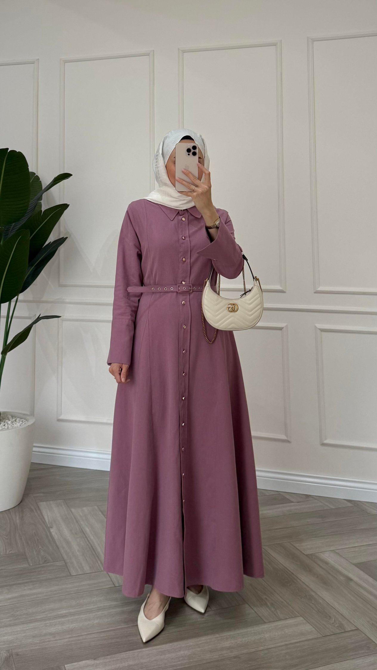 Premium Keten Kemerli Elbise Gül Kurusu