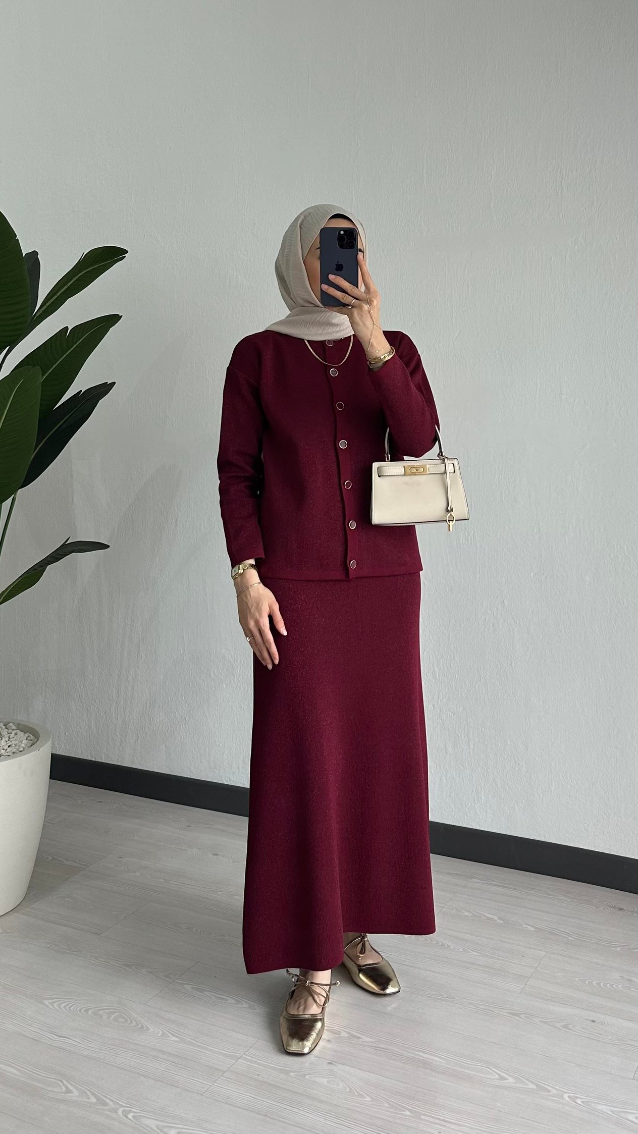 Simli Triko Etekli Takım Bordo