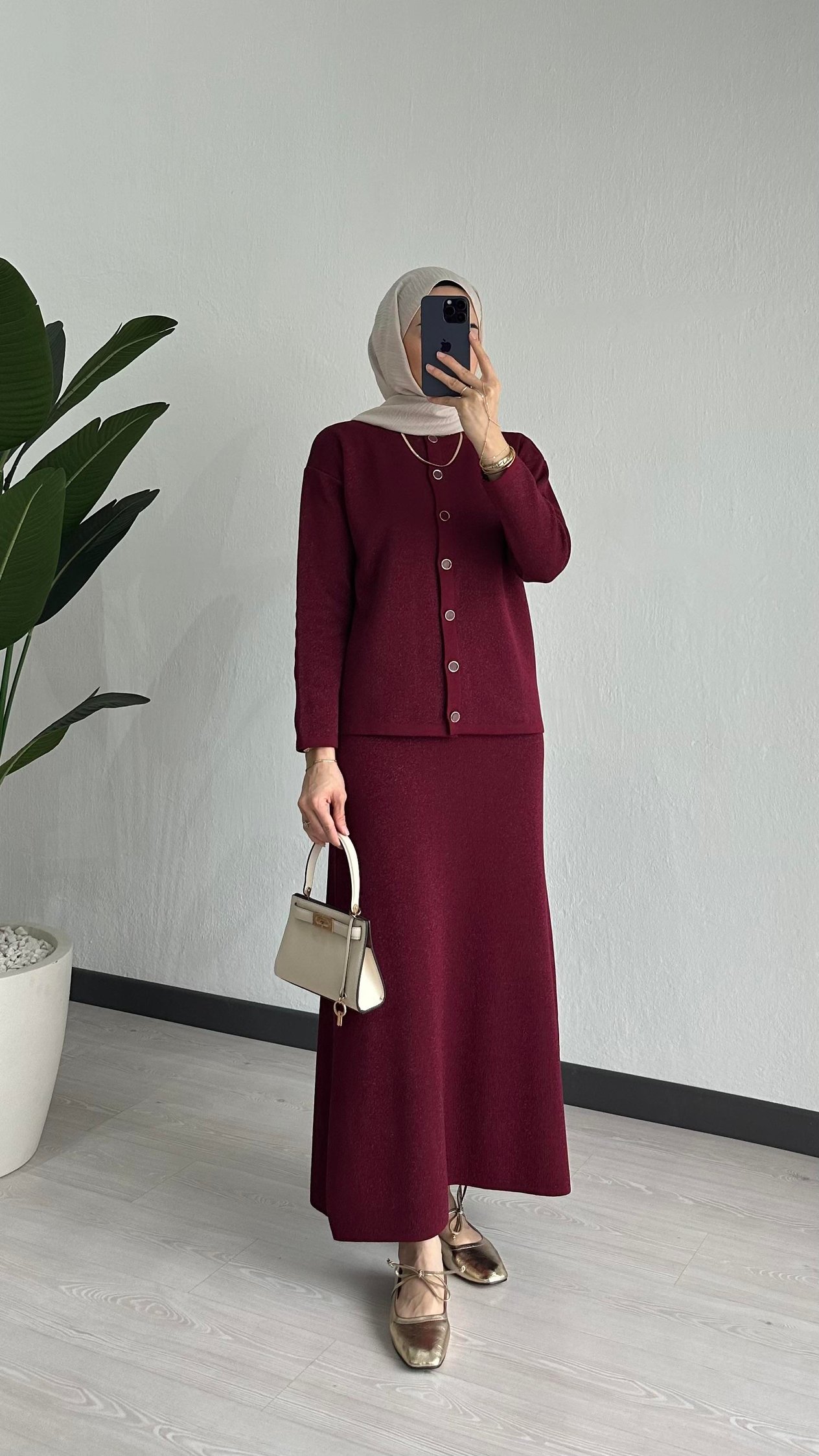 Simli Triko Etekli Takım Bordo