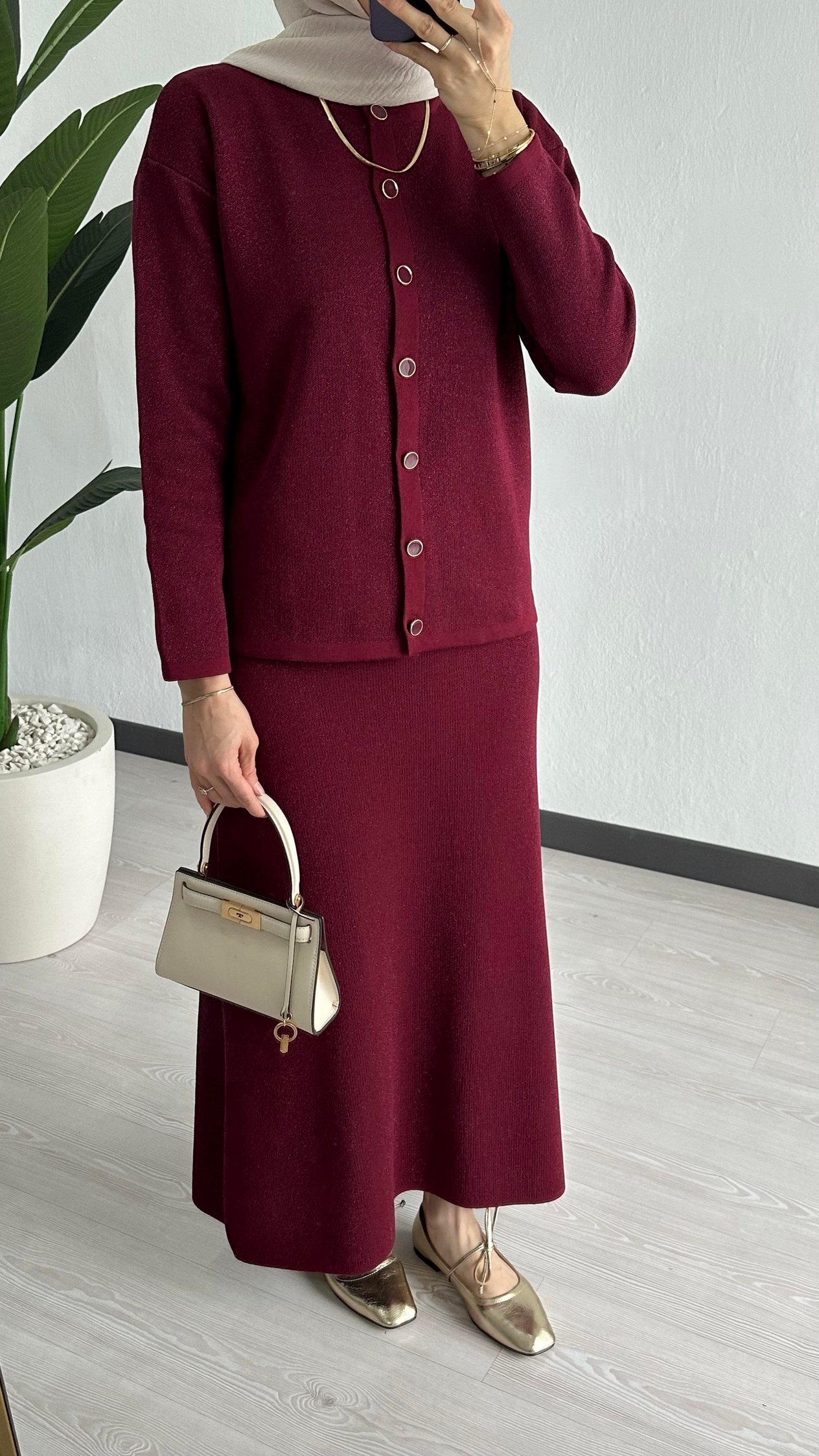 Simli Triko Etekli Takım Bordo