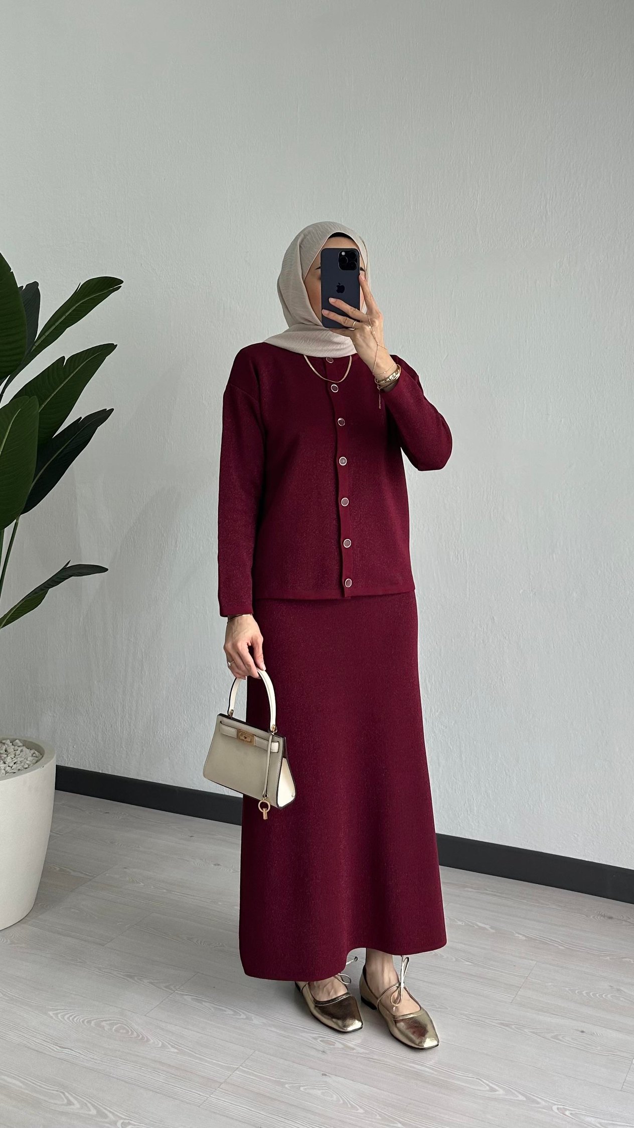 Simli Triko Etekli Takım Bordo