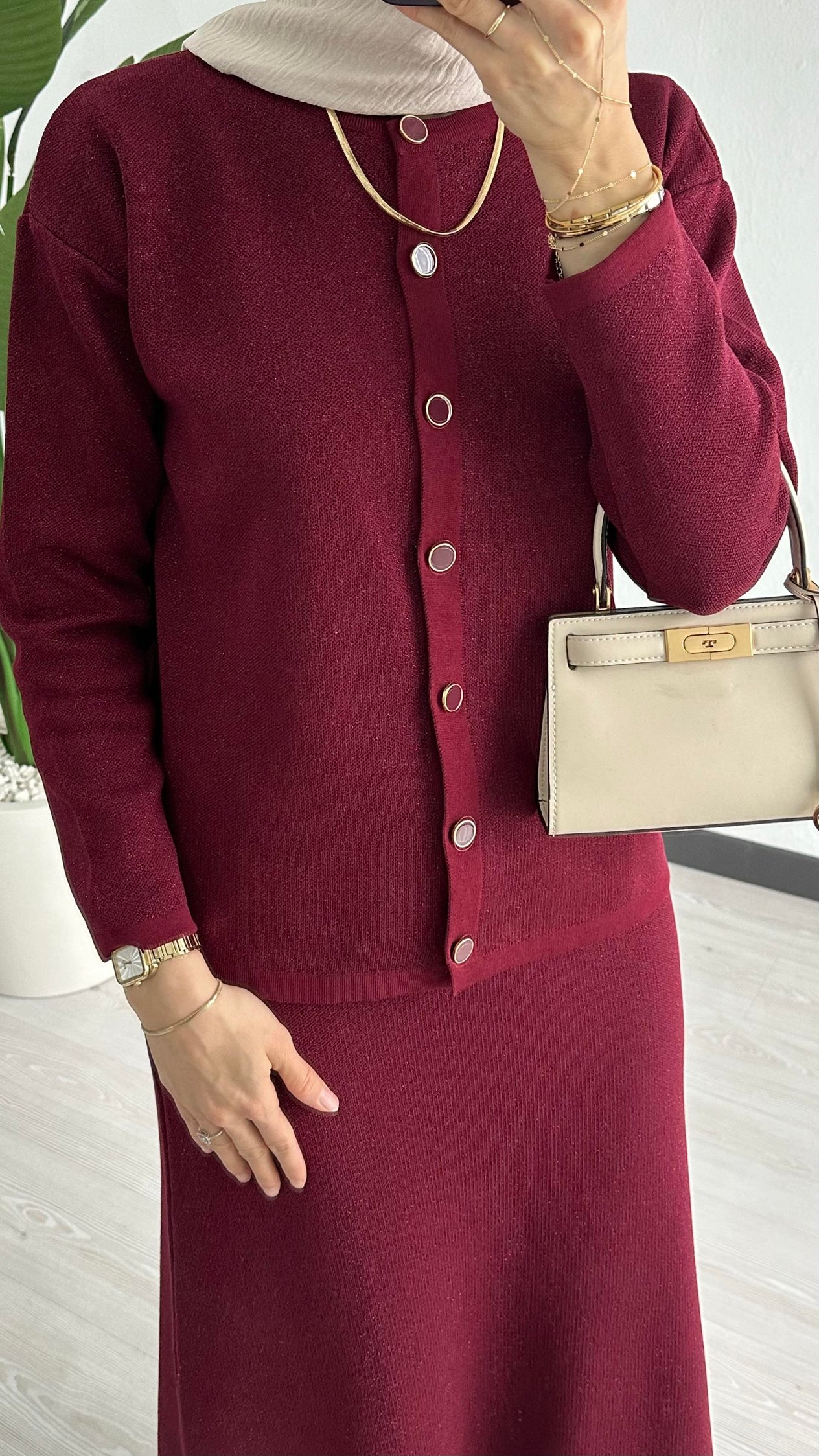 Simli Triko Etekli Takım Bordo