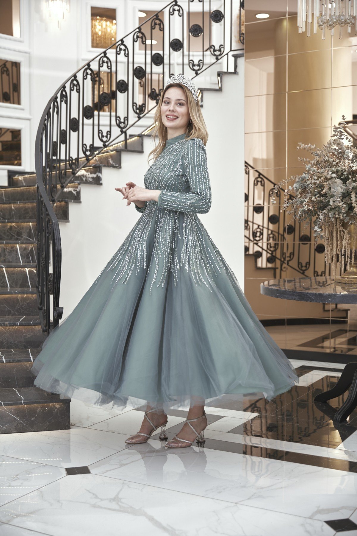 Midi Stones Anna Evening Dresses Petrol AP-2630