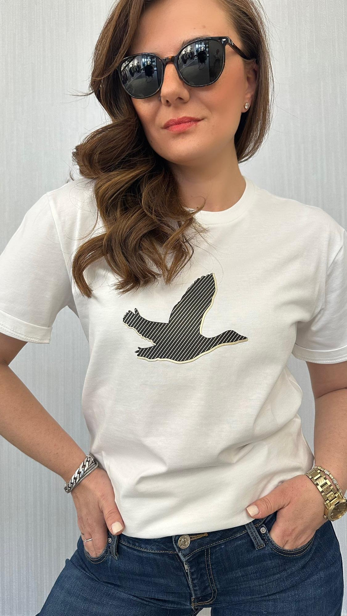 Çizgi kuş beyaz tshirt