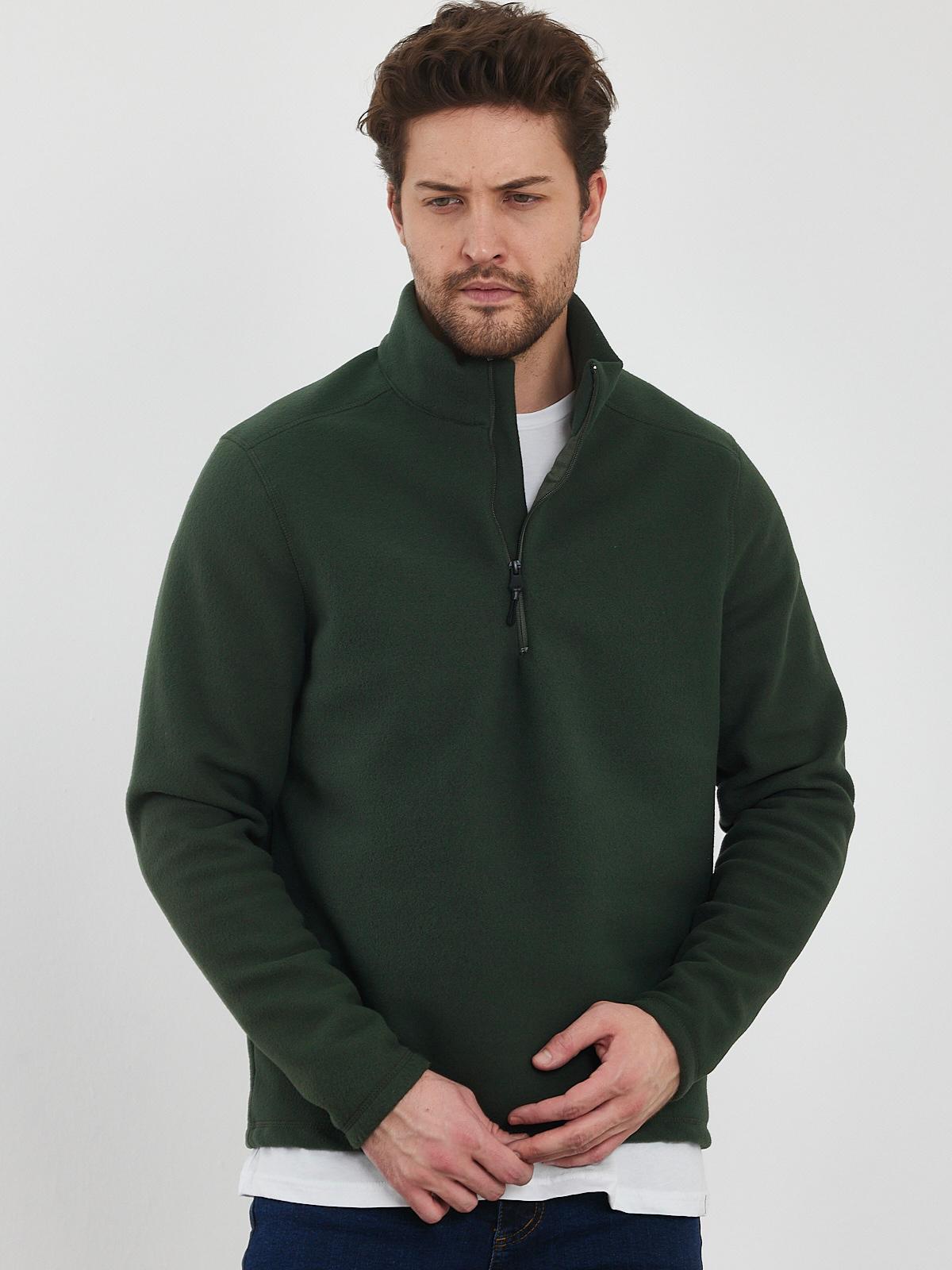 Erkek Haki Yeşili Anti-pilling Tüylenme Yapmayan Standart Fit Dik Yaka Soğuk Geçirmez Polar Sweatshirt