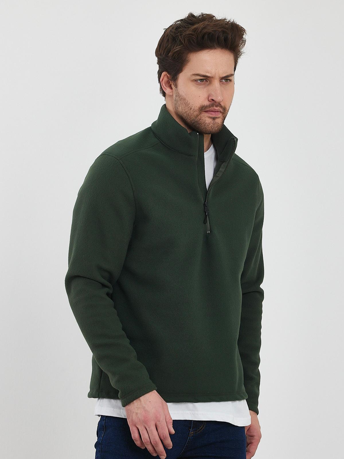 Erkek Haki Yeşili Anti-pilling Tüylenme Yapmayan Standart Fit Dik Yaka Soğuk Geçirmez Polar Sweatshirt