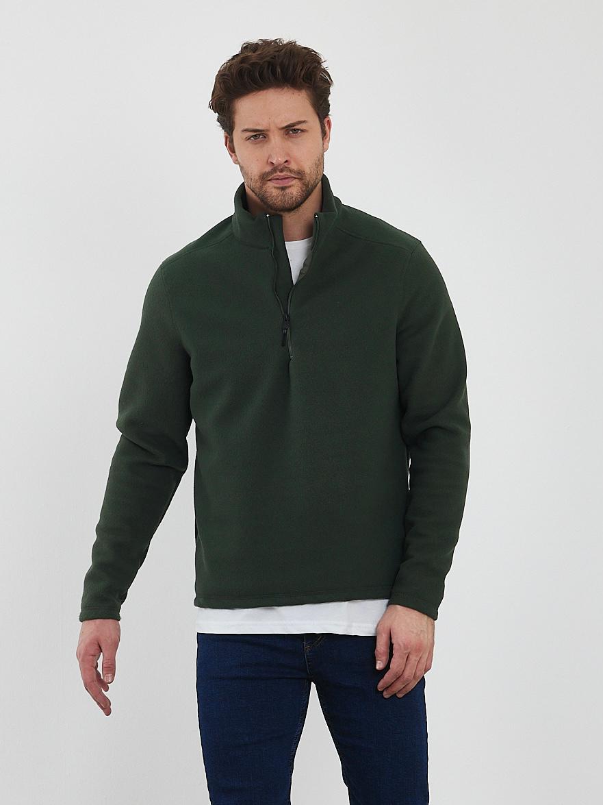 Erkek Haki Yeşili Anti-pilling Tüylenme Yapmayan Standart Fit Dik Yaka Soğuk Geçirmez Polar Sweatshirt