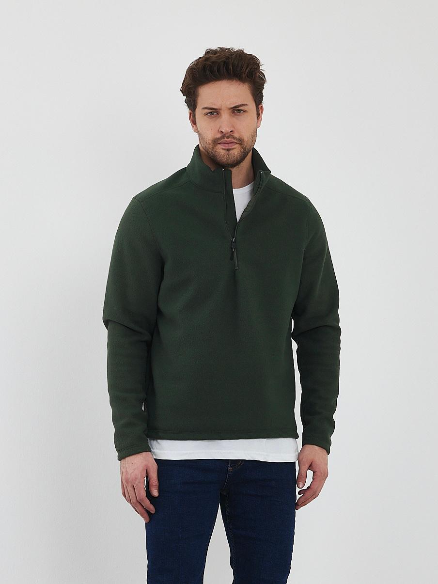 Erkek Haki Yeşili Anti-pilling Tüylenme Yapmayan Standart Fit Dik Yaka Soğuk Geçirmez Polar Sweatshirt