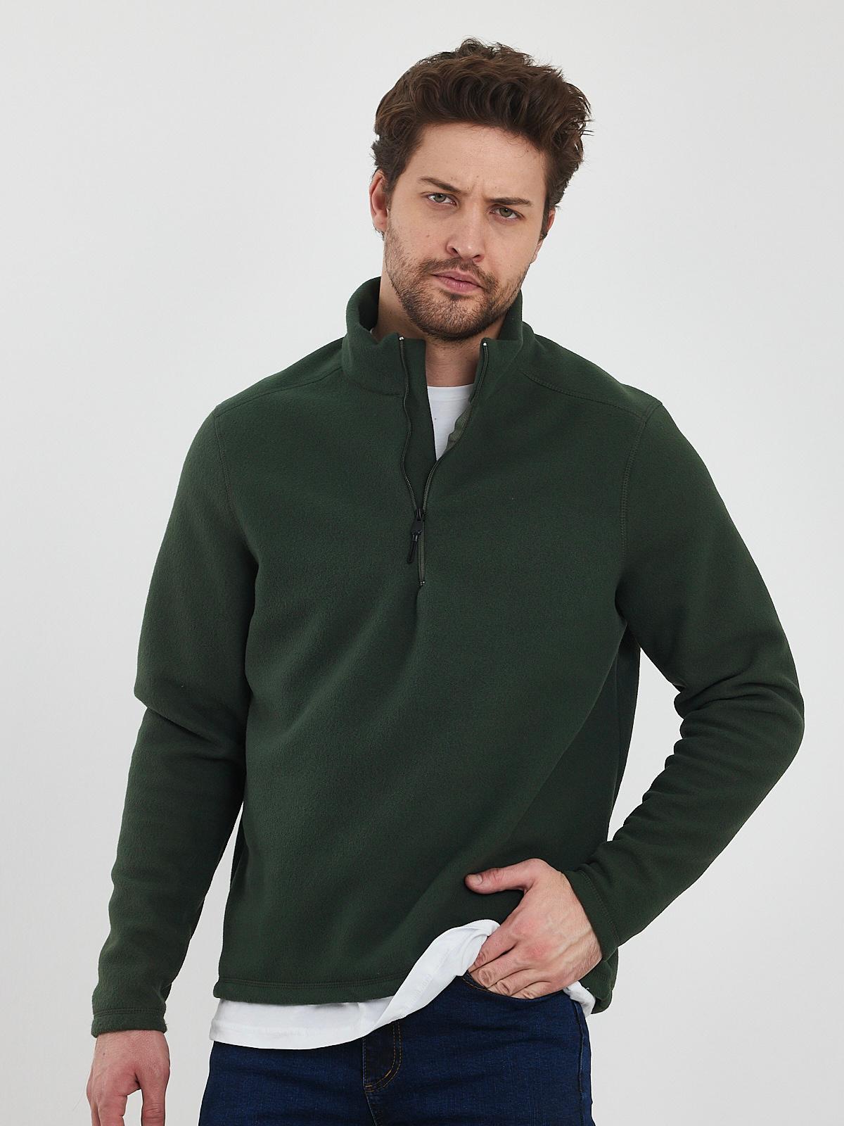 Erkek Haki Yeşili Anti-pilling Tüylenme Yapmayan Standart Fit Dik Yaka Soğuk Geçirmez Polar Sweatshirt