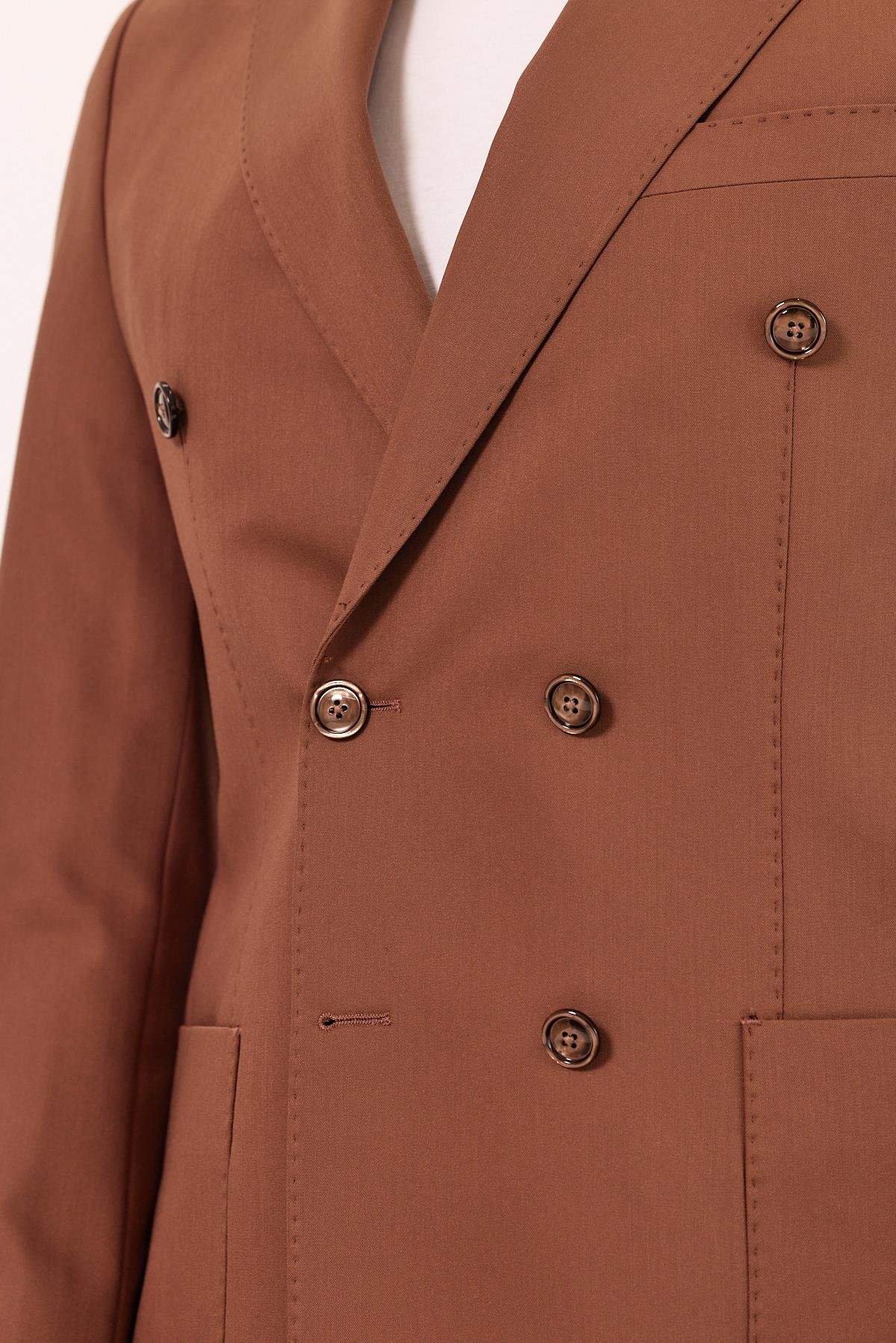 Exclusive Camel Kruvaze Takım Elbise Slimfit Kırlangıç Yaka 