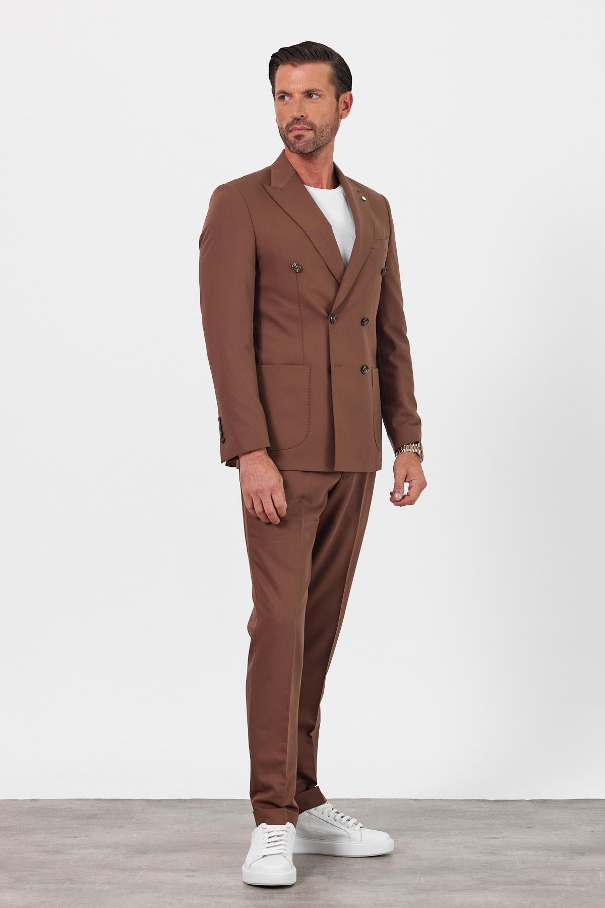 Exclusive Camel Kruvaze Takım Elbise Slimfit Kırlangıç Yaka 