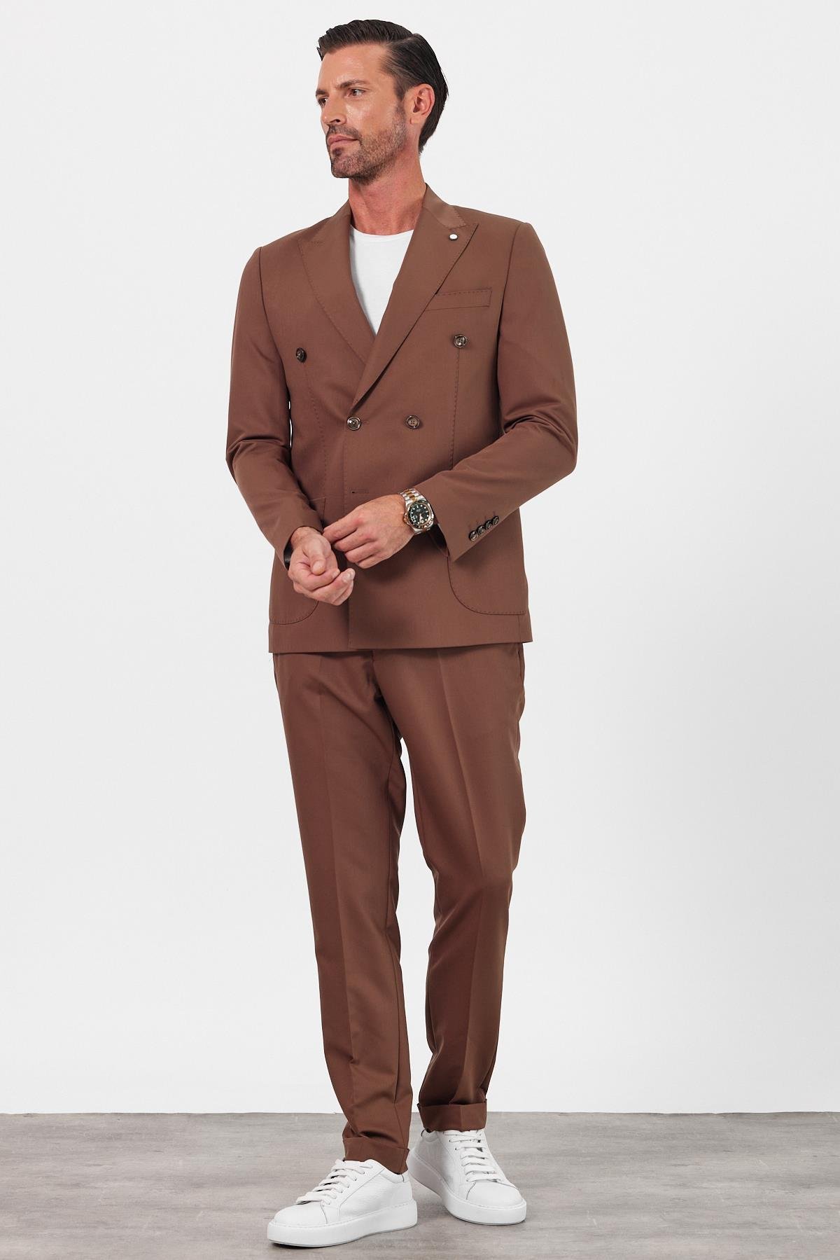 Exclusive Camel Kruvaze Takım Elbise Slimfit Kırlangıç Yaka 