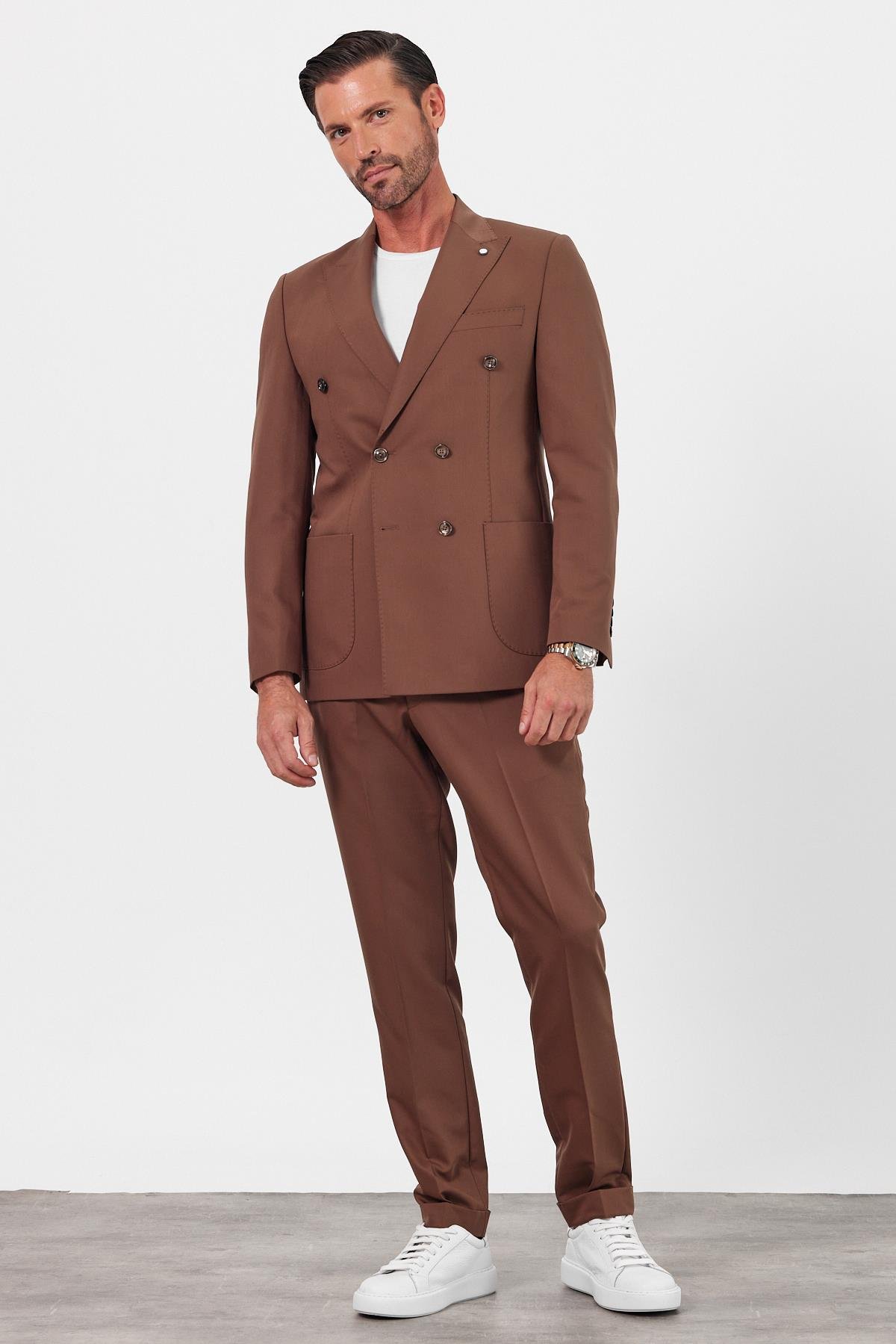 Exclusive Camel Kruvaze Takım Elbise Slimfit Kırlangıç Yaka 