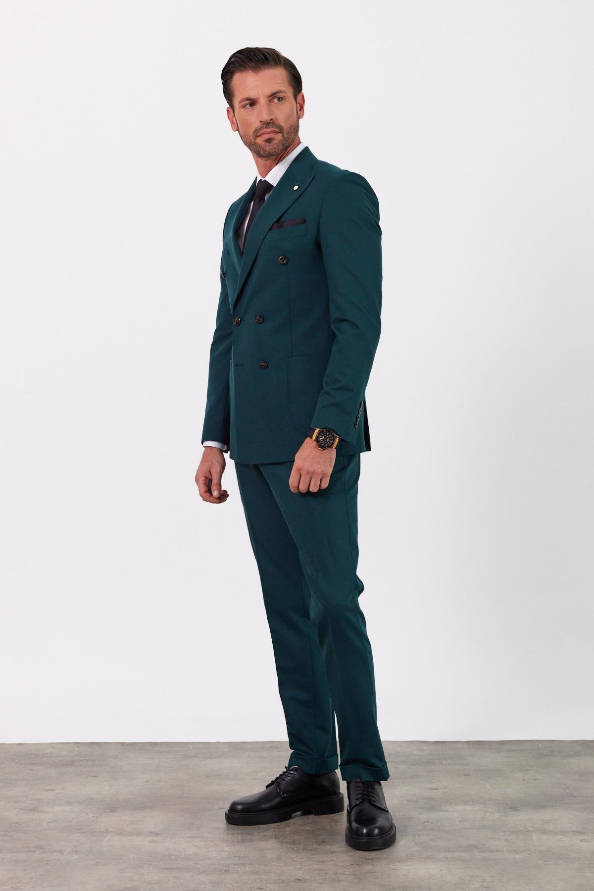 Exclusive Yeşil Kruvaze Takım Elbise Slimfit Kırlangıç Yaka 
