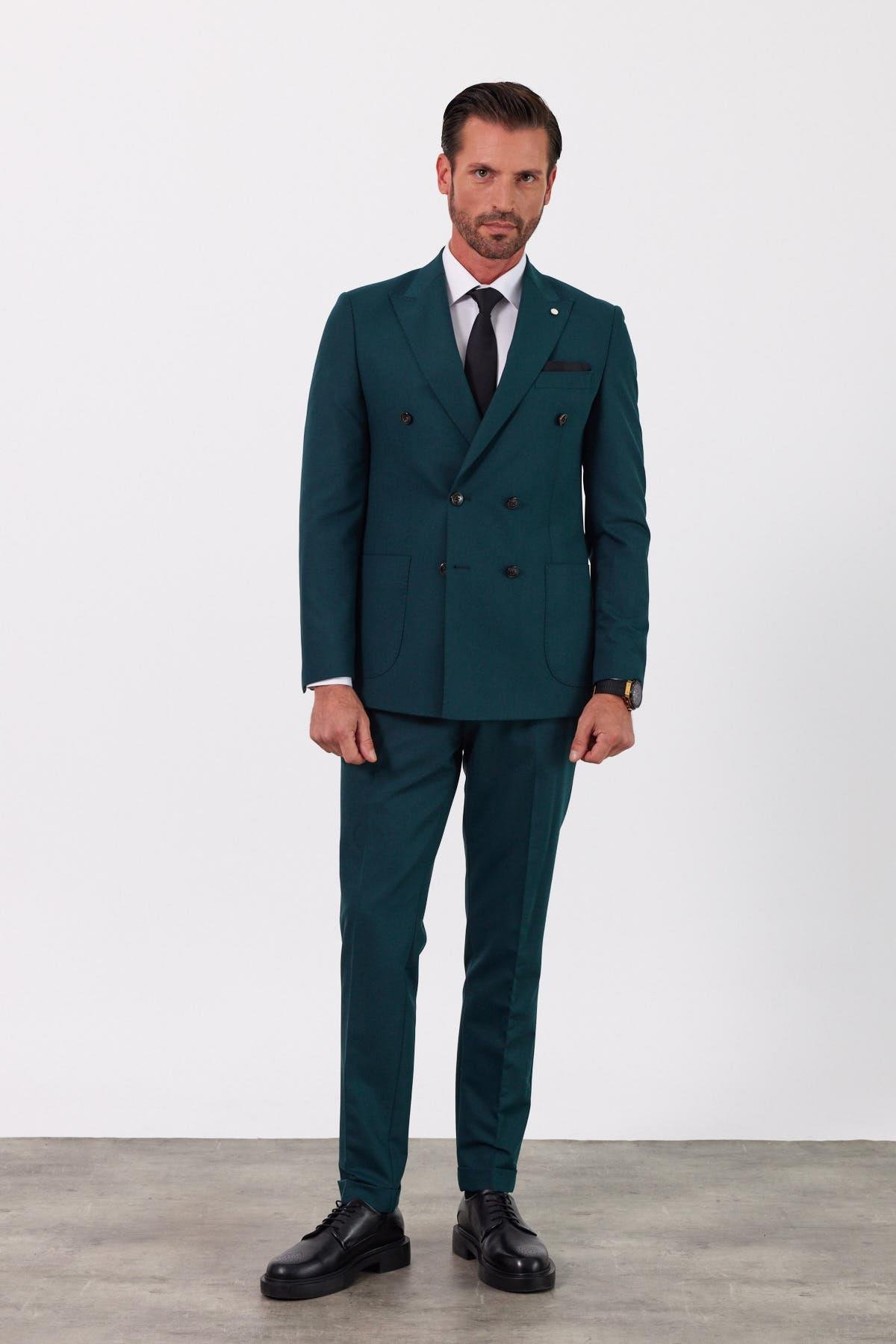 Exclusive Yeşil Kruvaze Takım Elbise Slimfit Kırlangıç Yaka 