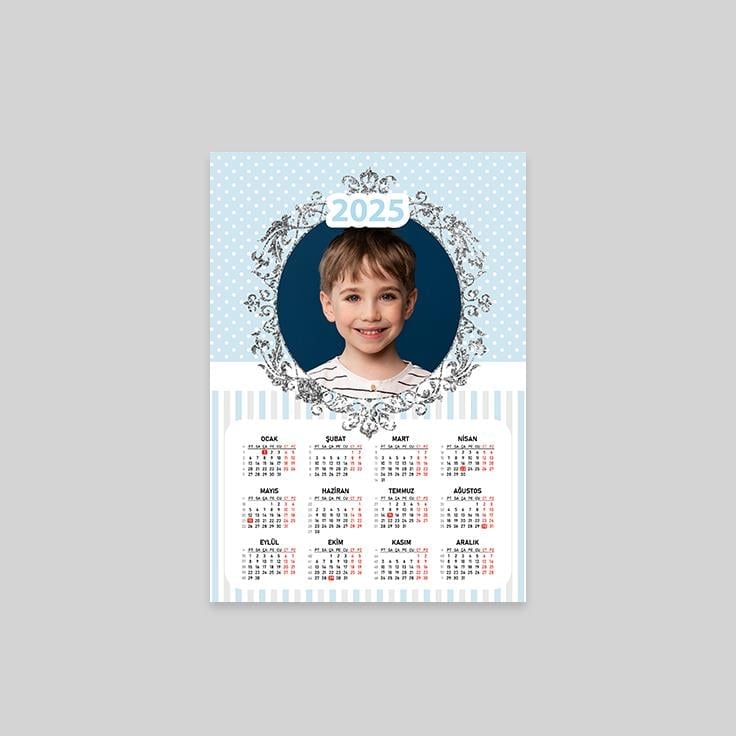 Çocuk Erkek - Gümüş Çerçeveli Tek Yaprak Duvar Takvimi