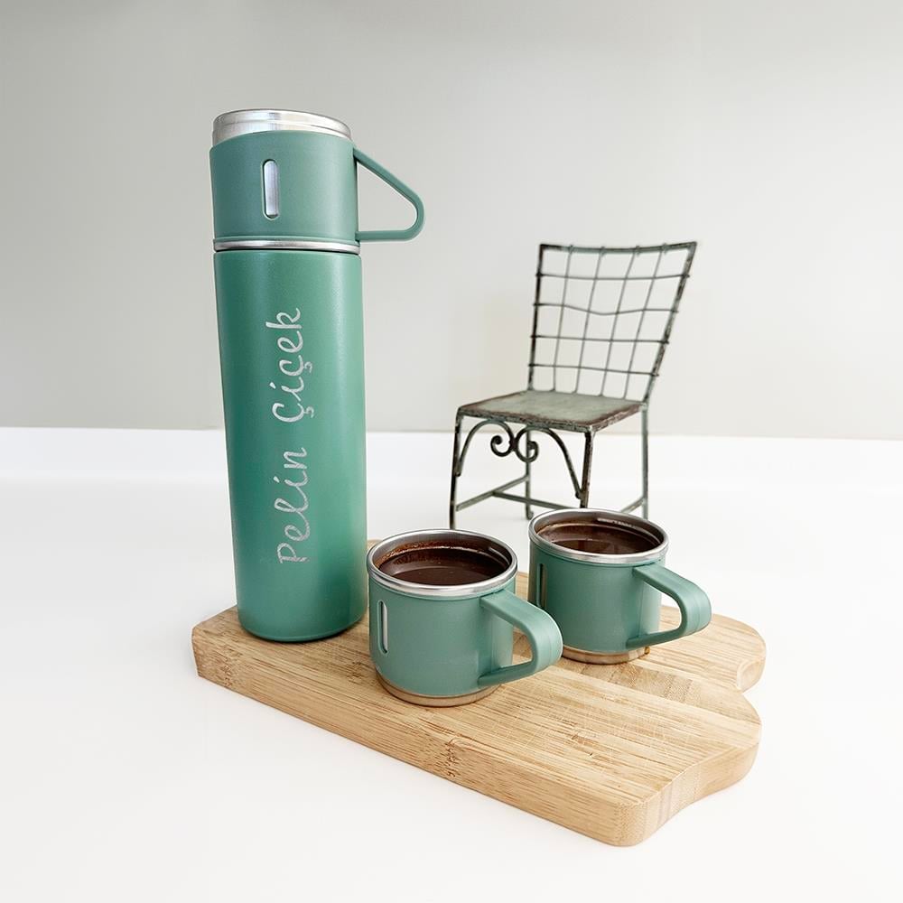 Kişiye Özel, 3 Bardaklı , Hediye Kutulu 500 ml Termos Set | Mint Renk