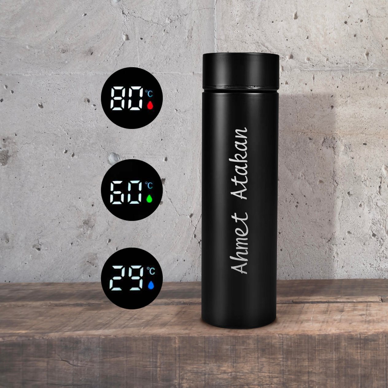 Kişiye Özel 500 ml Siyah Dereceli Termos 