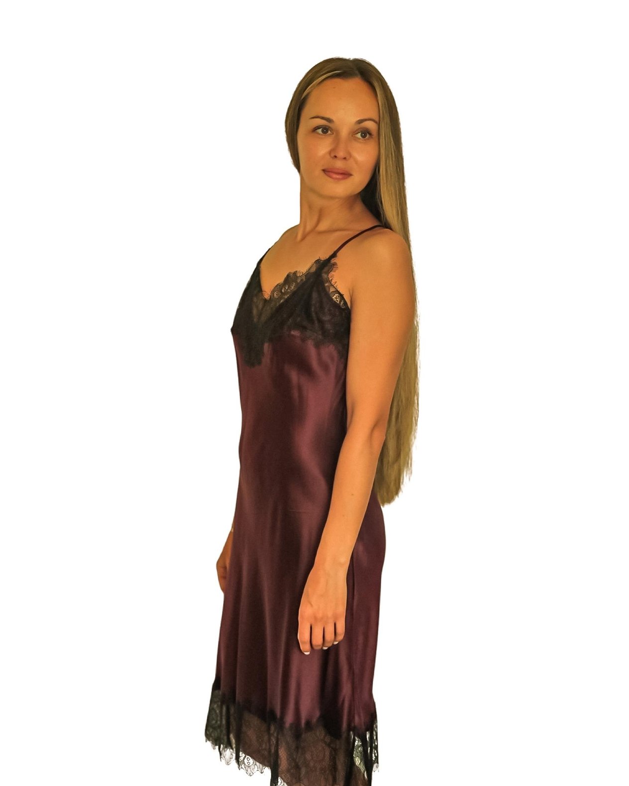  Dantelli İpek Slip Elbise (Şarap Rengi)