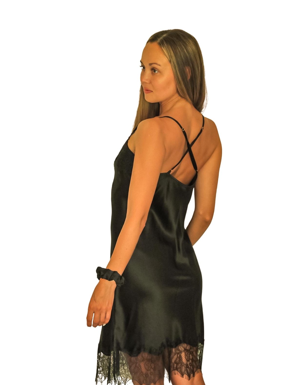 Dantelli İpek Slip Elbise (Siyah)