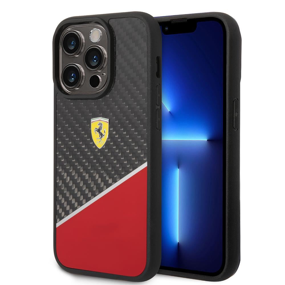 Apple iPhone 14 Pro Kılıf Ferrari Orjinal Lisanlı Klasik Metal Logolu Karbon Şerit Desenli Kapak