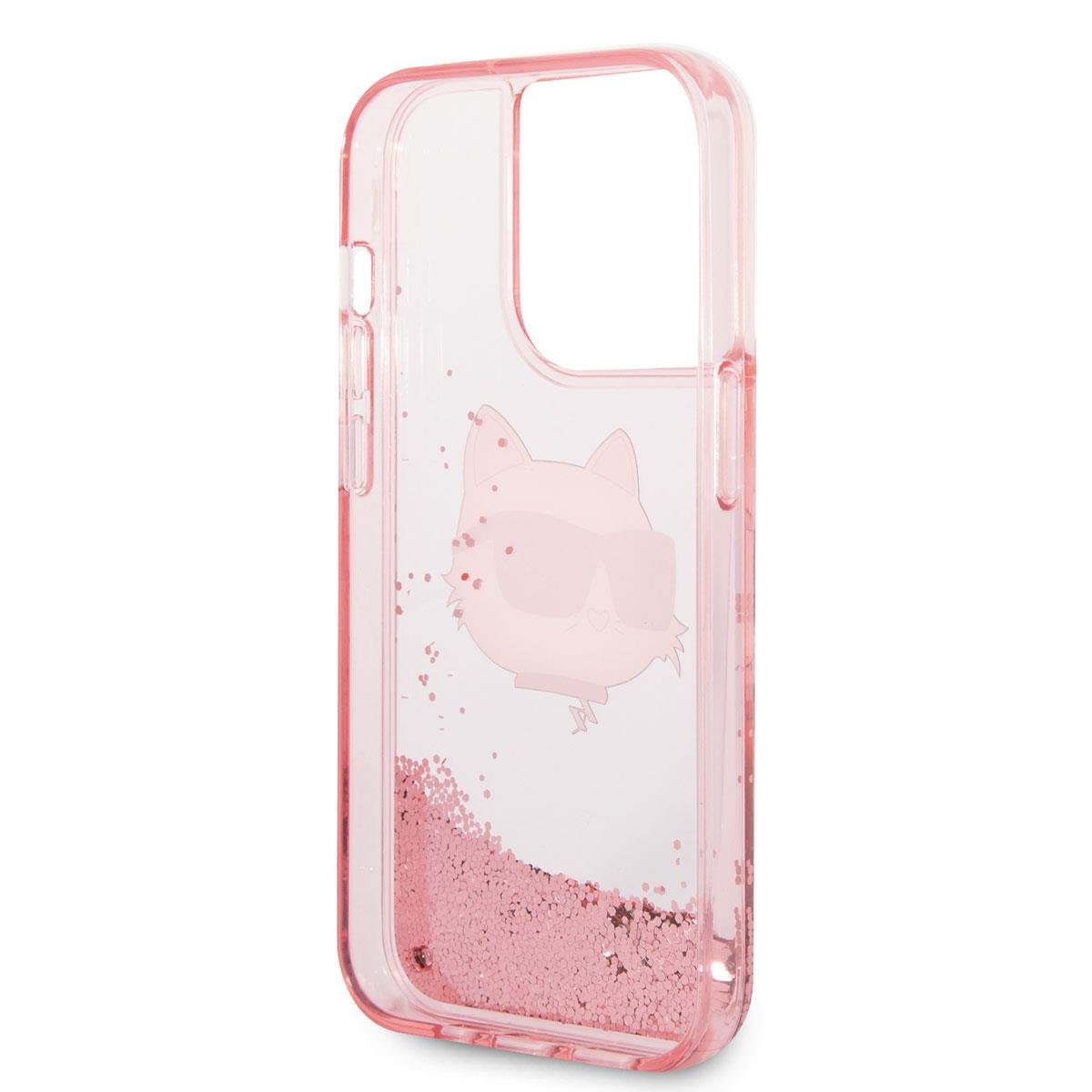 Apple iPhone 14 Pro Max Kılıf Karl Lagerfeld Sıvılı Simli Choupette Head Dizayn Kapak