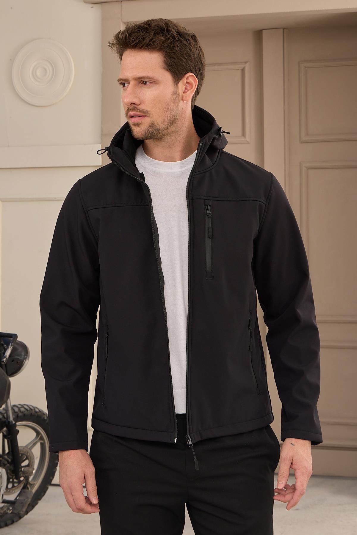 MONTDangerErkek Su Geçirmez Rüzgar Geçirmez Softshell Mont Siyah