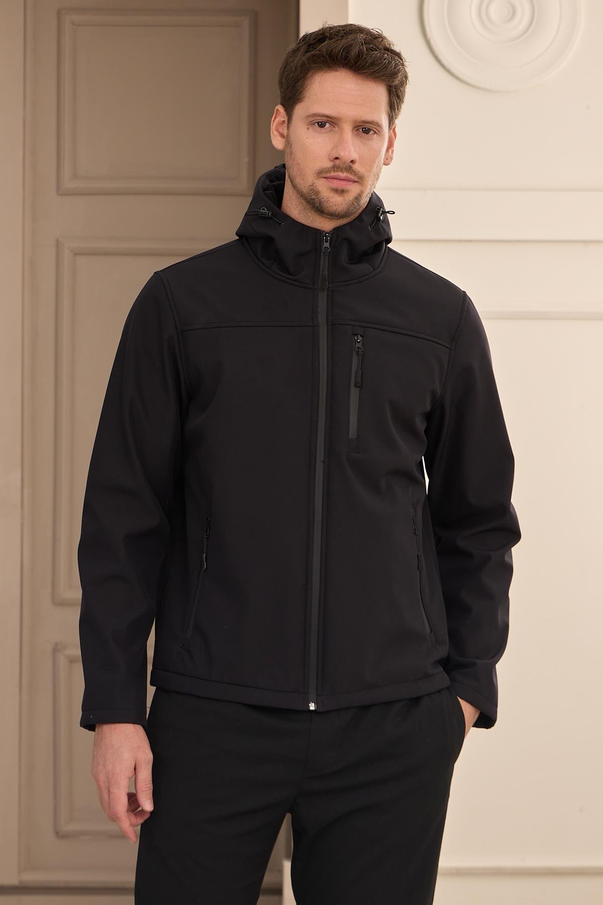 MONTDangerErkek Su Geçirmez Rüzgar Geçirmez Softshell Mont Siyah