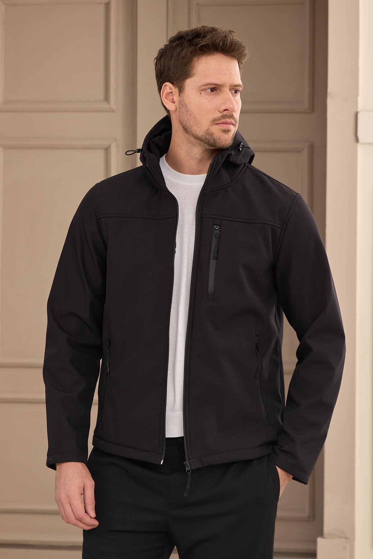 MONTDangerErkek Su Geçirmez Rüzgar Geçirmez Softshell Mont Siyah