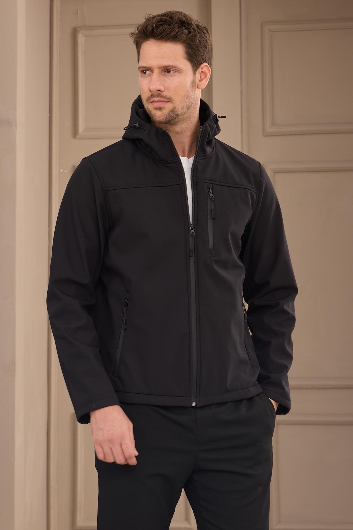 MONTDangerErkek Su Geçirmez Rüzgar Geçirmez Softshell Mont Siyah