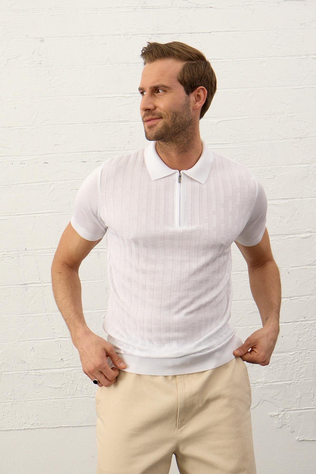 Polo YakaDanger Erkek Fermuarlı Klasik Kalıp Polo Yaka İnce Triko T-shirt Beyaz