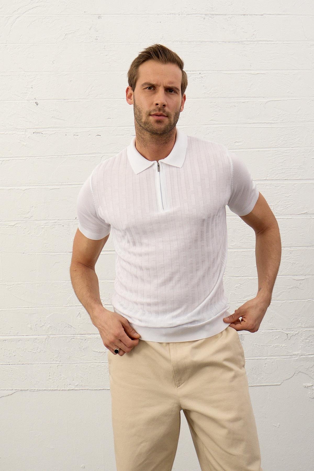Polo YakaDanger Erkek Fermuarlı Klasik Kalıp Polo Yaka İnce Triko T-shirt Beyaz
