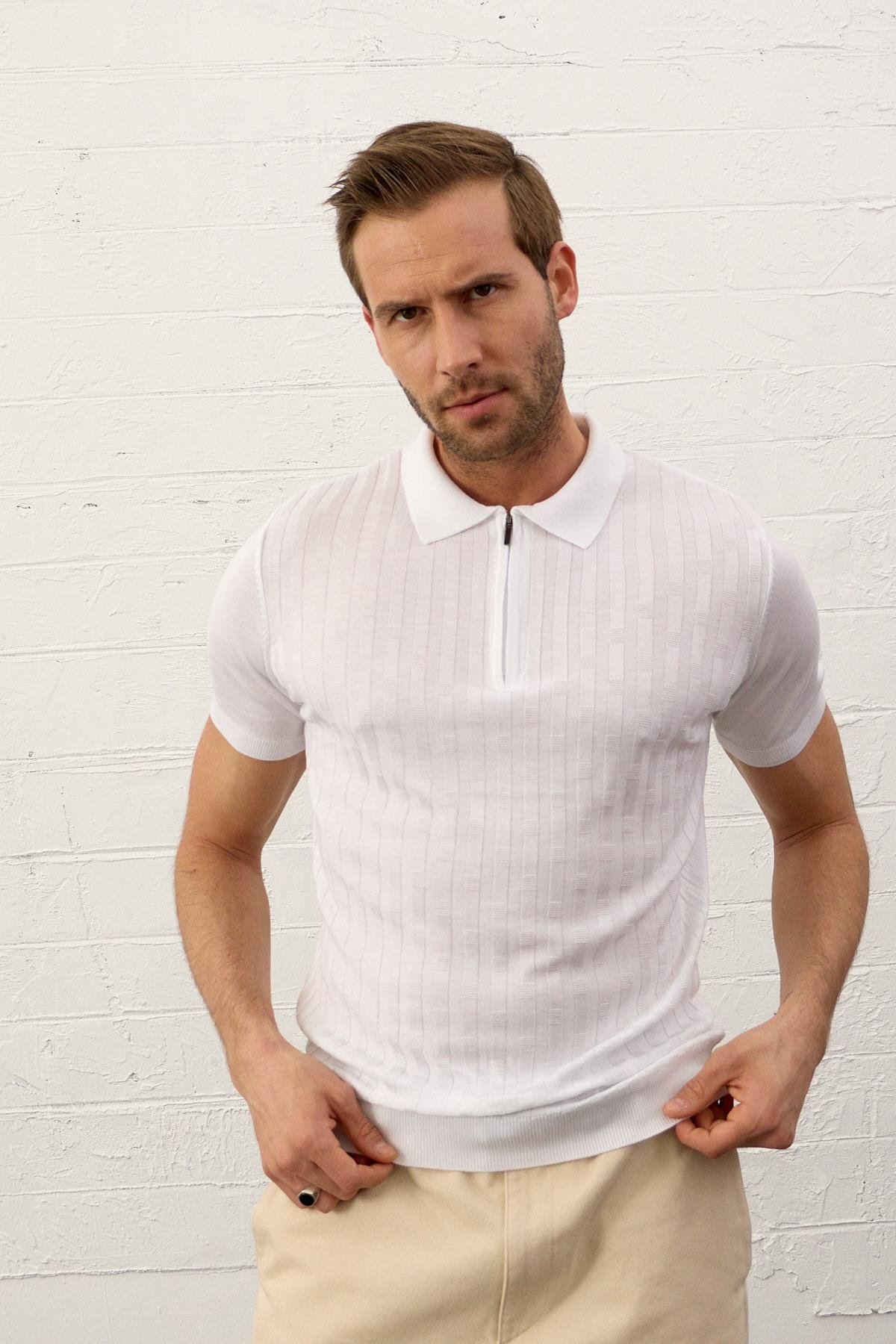 Polo YakaDanger Erkek Fermuarlı Klasik Kalıp Polo Yaka İnce Triko T-shirt Beyaz