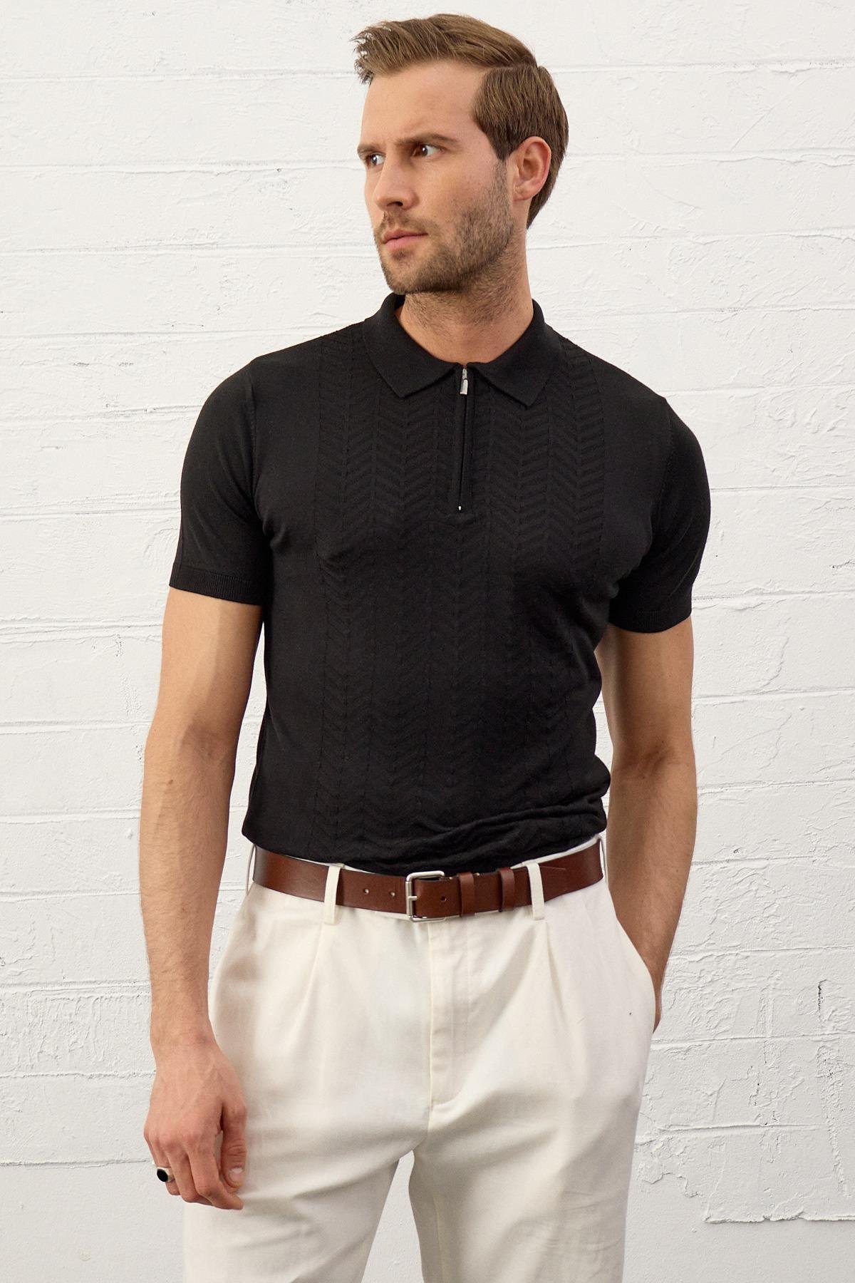 T-SHIRTDangerErkek Klasik Kalıp Polo Yaka Yazlık Triko T-shirt Siyah