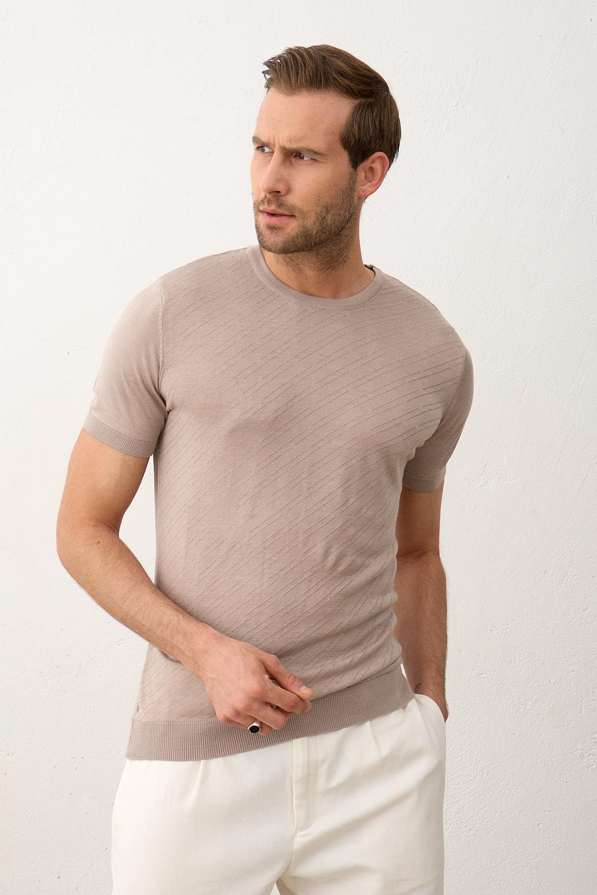 Triko T-ShirtDangerErkek Çizgili Bisiklet Yaka Klasik Kalıp İnce Triko Tişört Vizon