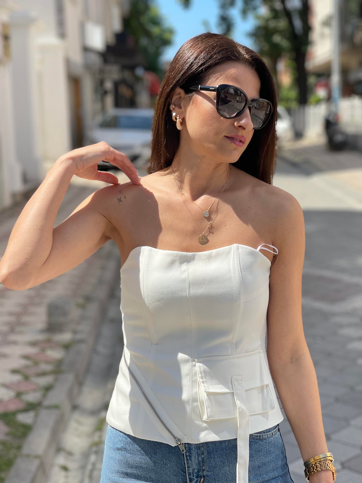 Beyaz Straplez Bluz - 1025